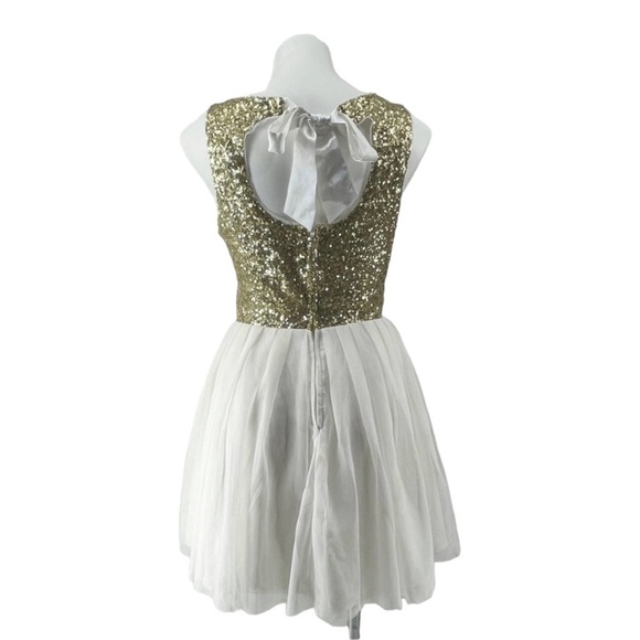 B. Darlin Gold Sequin White Tulle Knee Length Key Hole Back Dress Size 6 - Picture 4 of 9